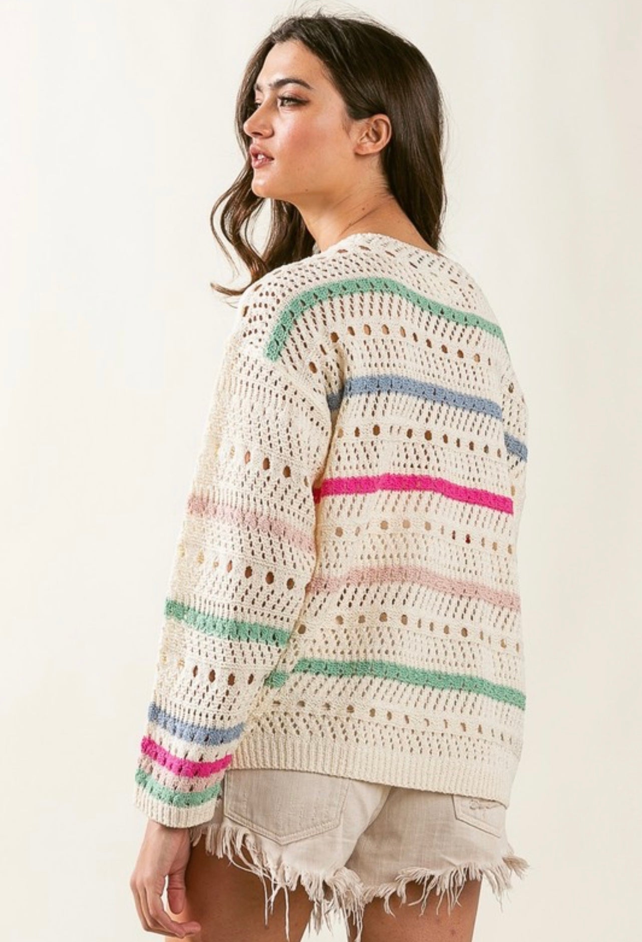 stripe pointelle sweater|ivory multi