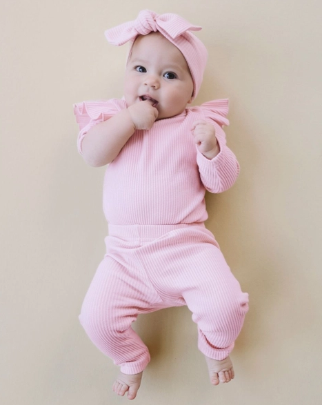 ribbed flutter sleeve baby bodysuit|pink