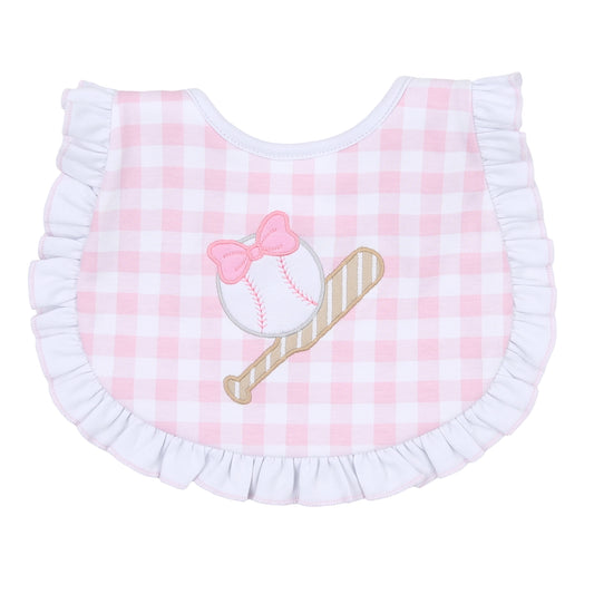 batter up ruffle bib|pink