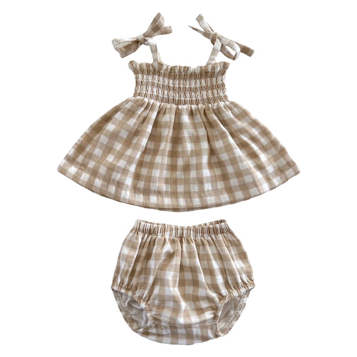 organic bay smocked set|khaki gingham