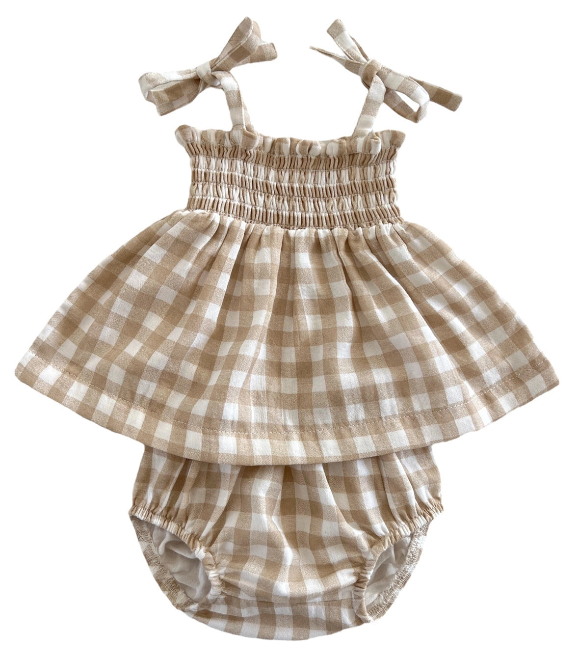 organic bay smocked set|khaki gingham