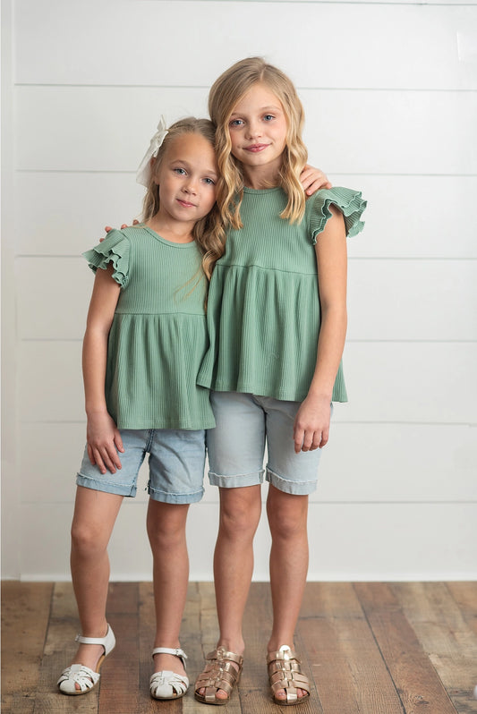 flutter sleeve shirt|sea green